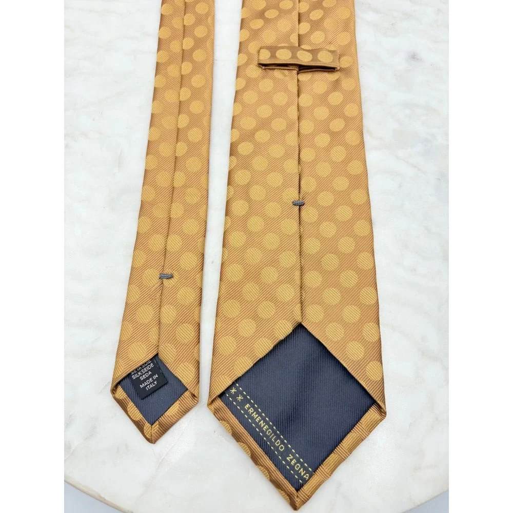 Ermenegildo Zegna Men's Tie 100% Silk Bronze Gold Polka Dot‎ Italy 3.5